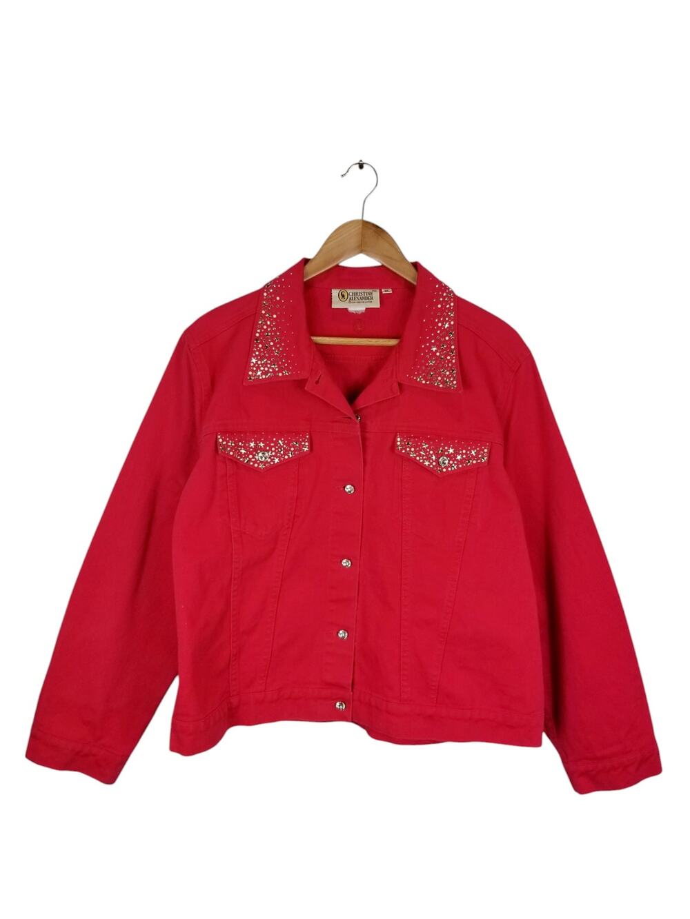 Christine Alexander Vintage Red Rhinestone Star Denim Trucker Jacket Women's XL